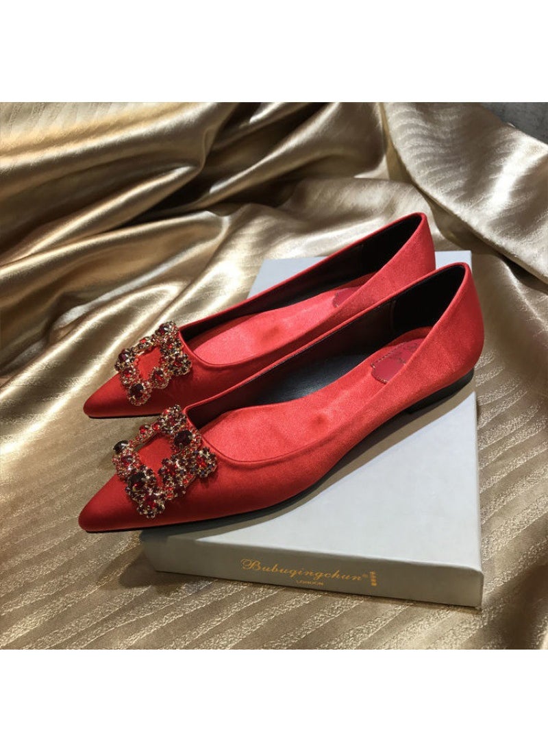 2024 New Rhinestone Satin Flats Yellow big red