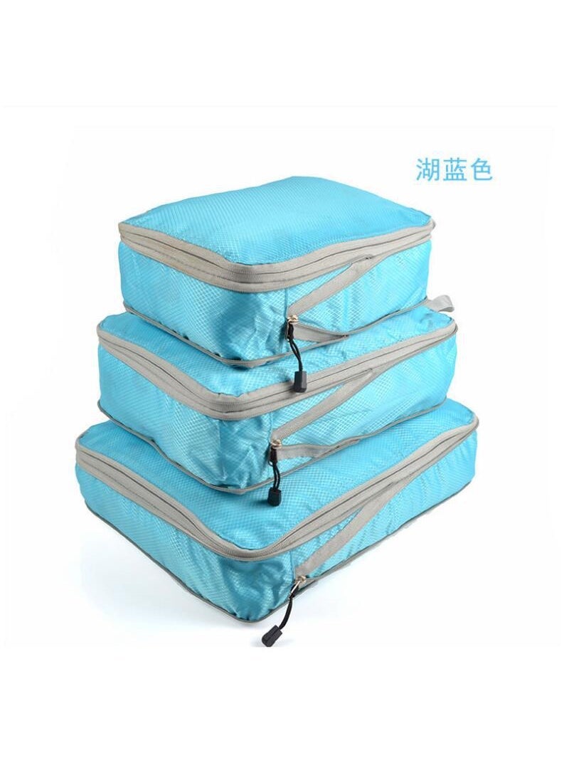 Factory Direct cross-border hot compressed storage bag three-piece clothes organizing bag travel waterproof storage bag suit Sky blue compressed three-piece storage bag without net