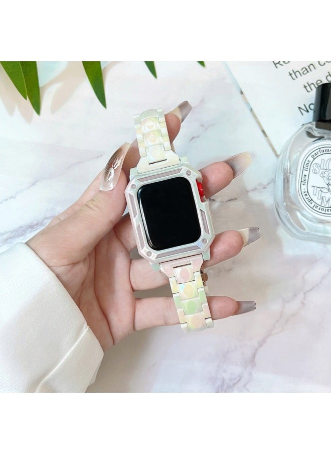 Applicable To For Apple Iwatch7/6/se/5 Watch With Shell Suit For Apple Magic Color Electroplated Small Man Waist Wristband For Women-Color:Laser White Band Case-Exterior Dimension:44mm