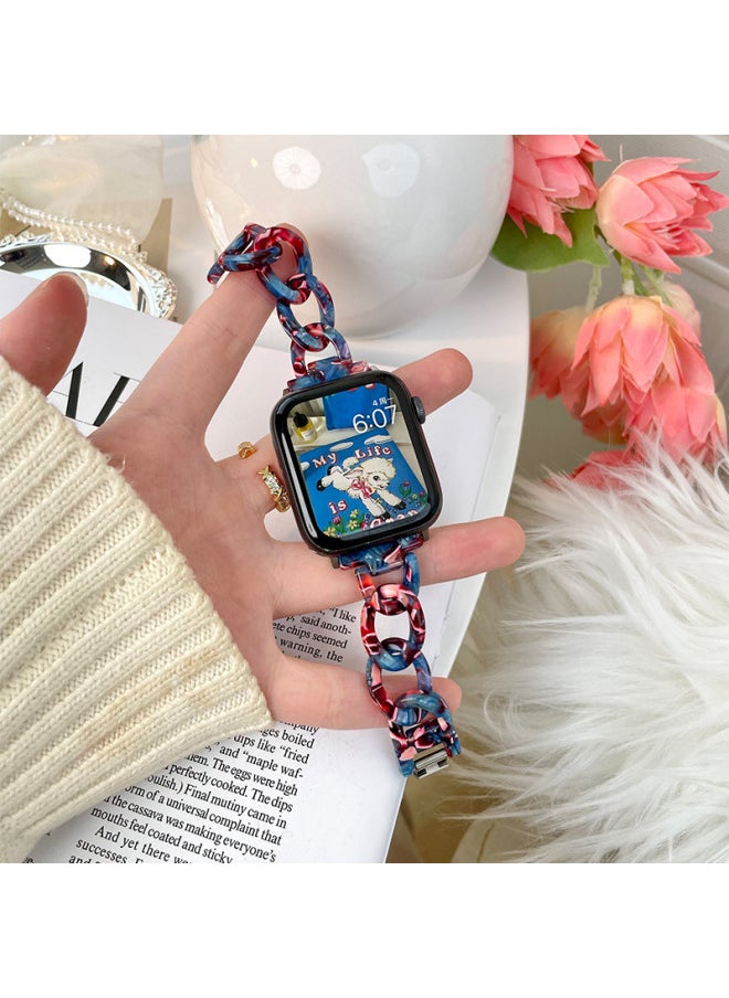 For Apple 567 Generation Resin Transparent Strap For Iwatch Se Denim Chain Strap Chanel Style Transparent Strap-Color:Pink Green-Pure Resin Denim Chain-Exterior Dimension:42/44/45mm