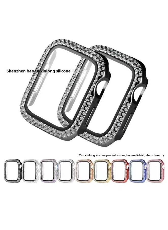 Suitable For Apple 8 Generation Watch PC + Tempered Film Iwatch7 Double Row Diamond Plating All-inclusive Protective Case-Color:Transparent (double-row Drill)-Exterior Dimension:40mm(4/5/6 Generation SE General)