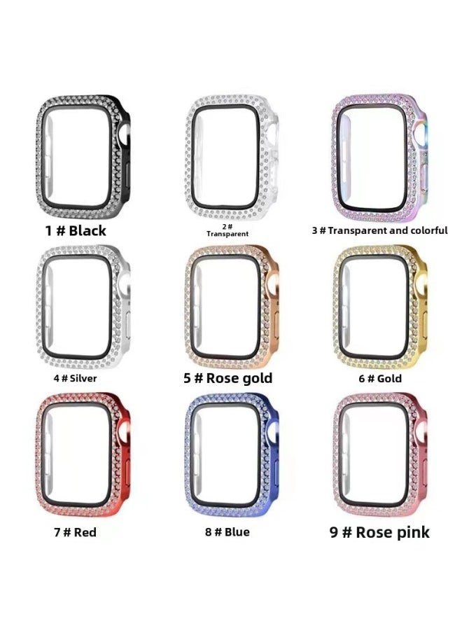 Suitable For Apple 8 Generation Watch PC + Tempered Film Iwatch7 Double Row Diamond Plating All-inclusive Protective Case-Color:Transparent (double-row Drill)-Exterior Dimension:40mm(4/5/6 Generation SE General)