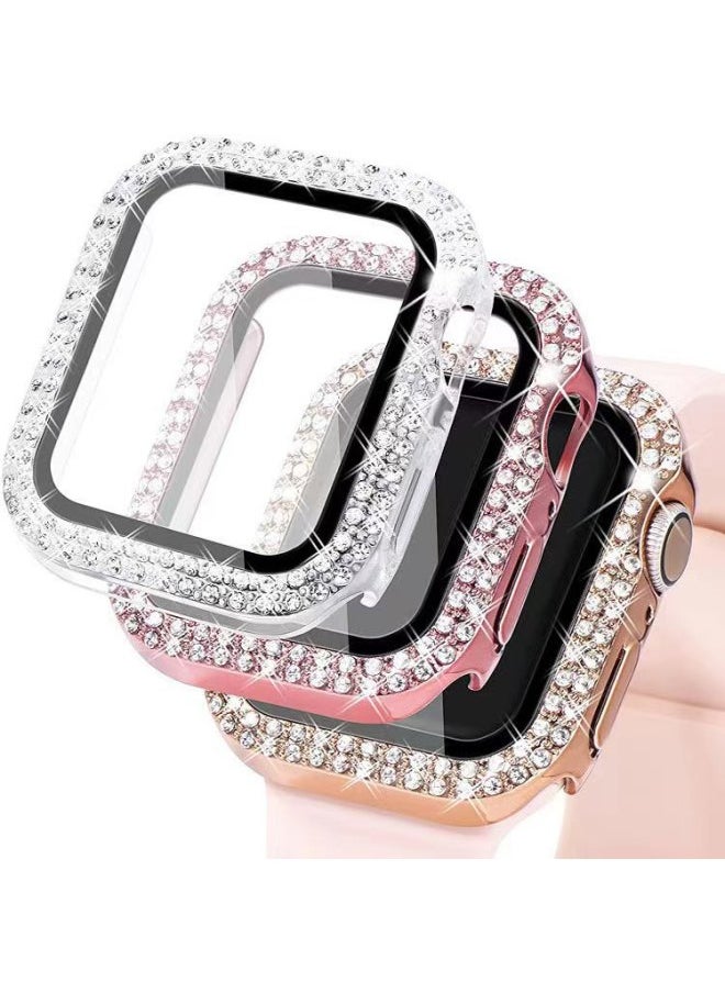 Suitable For Apple 8 Generation Watch PC + Tempered Film Iwatch7 Double Row Diamond Plating All-inclusive Protective Case-Color:Transparent (double-row Drill)-Exterior Dimension:40mm(4/5/6 Generation SE General)