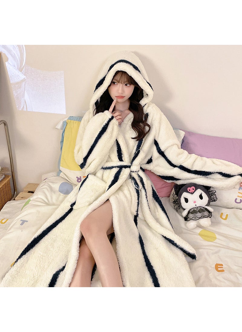 Sweet High-end Feel Leopard Print Womens Coral Fleece Hooded Robe Warm Homewear Luxury Lightweight Bathrobe 903j