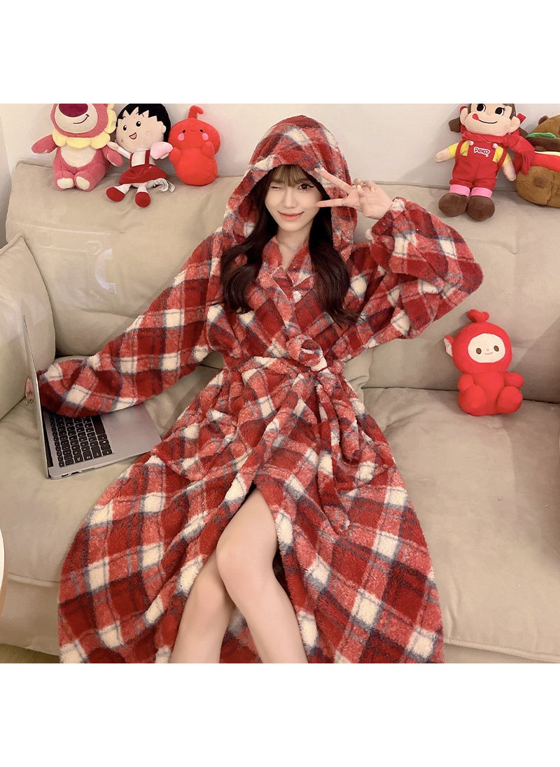 Sweet High-end Feel Leopard Print Womens Coral Fleece Hooded Robe Warm Homewear Luxury Lightweight Bathrobe 906j