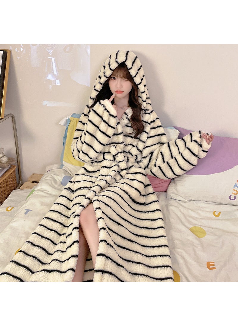 Sweet High-end Feel Leopard Print Womens Coral Fleece Hooded Robe Warm Homewear Luxury Lightweight Bathrobe 904j