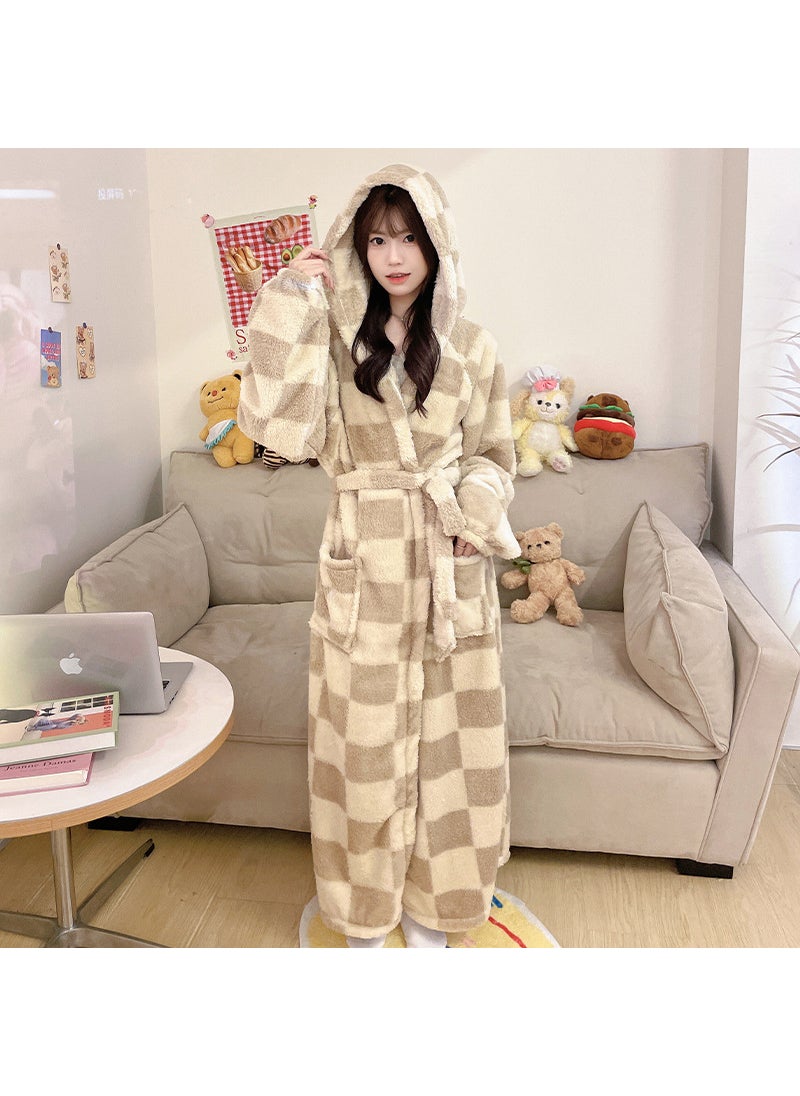 Sweet High-end Feel Leopard Print Womens Coral Fleece Hooded Robe Warm Homewear Luxury Lightweight Bathrobe 905j
