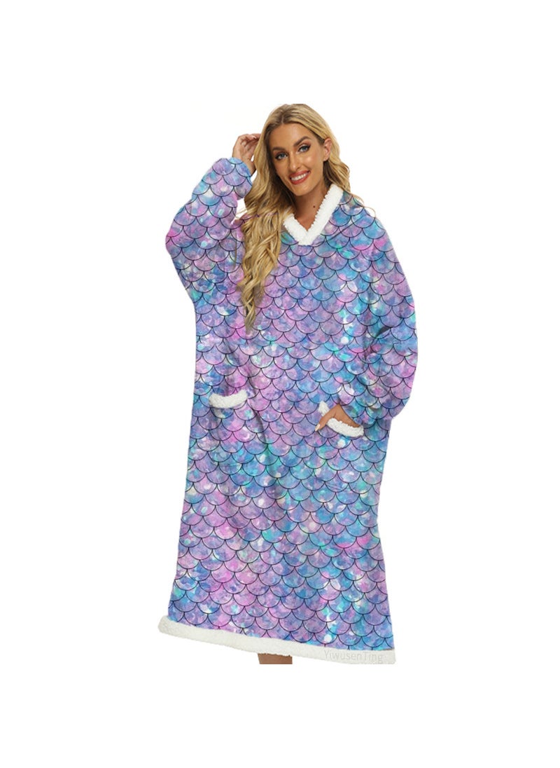 2024 Winter Flat Sheep Wool Blanket Extended Vertical Pocket Flip Casual Lazy Quilt Flannel Velvet TV Television Cover Small blue fish scales