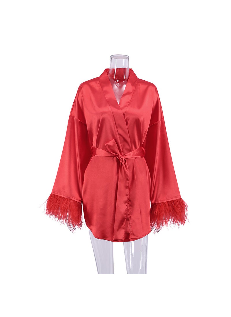 Summer Long Sleeve Silk Feather Ladies Sleep Robe Black Home Clothes Cardigan Style Duckling Feather Womens Nightgown Black