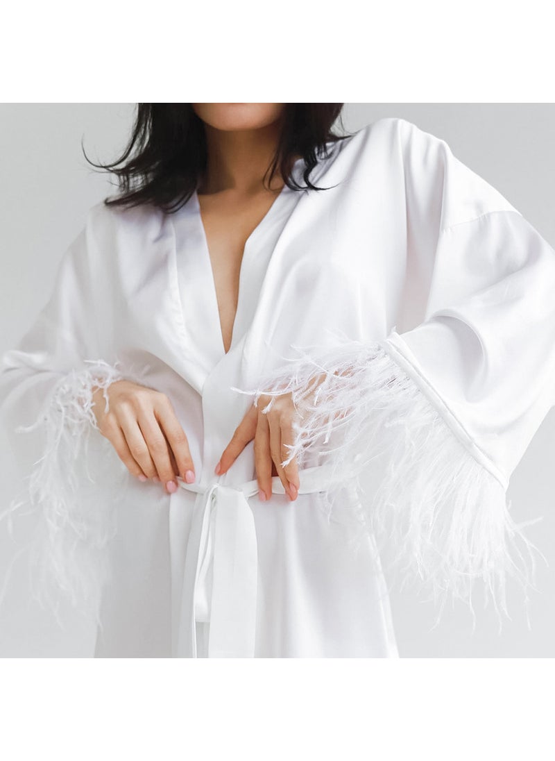 Summer Long Sleeve Silk Feather Ladies Sleep Robe Black Home Clothes Cardigan Style Duckling Feather Womens Nightgown Black
