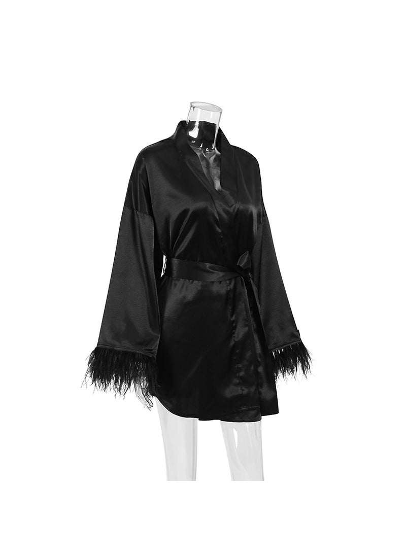 Summer Long Sleeve Silk Feather Ladies Sleep Robe Black Home Clothes Cardigan Style Duckling Feather Womens Nightgown Black