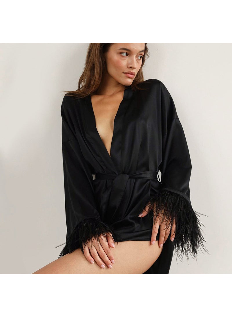 Summer Long Sleeve Silk Feather Ladies Sleep Robe Black Home Clothes Cardigan Style Duckling Feather Womens Nightgown Black