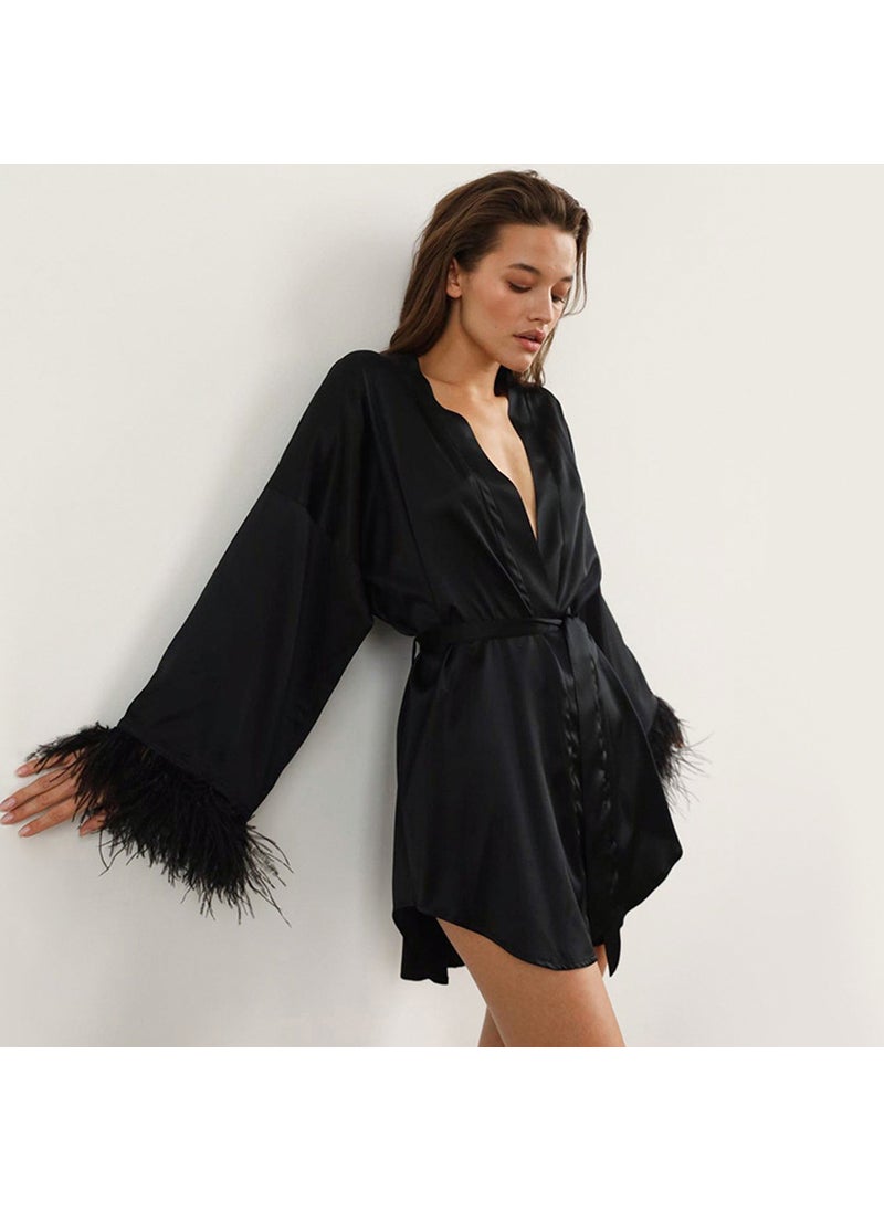 Summer Long Sleeve Silk Feather Ladies Sleep Robe Black Home Clothes Cardigan Style Duckling Feather Womens Nightgown Black
