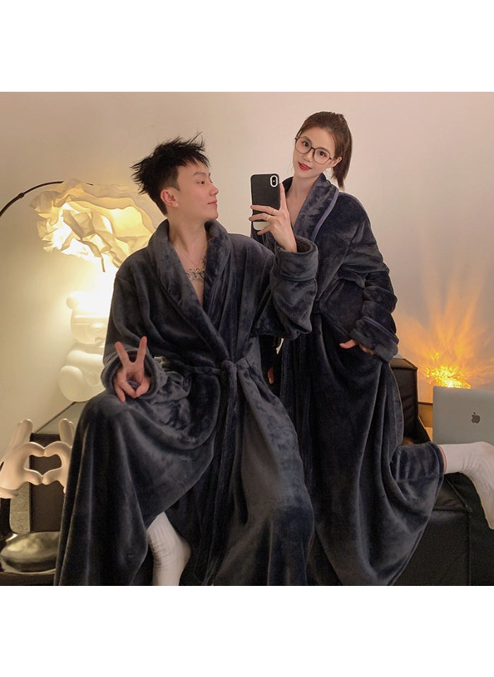 In-Stock Mens and Womens Winter Coral Fleece Bathrobe Couples Fleece-Lined and Thickened Extended Length Flannel Pajamas Creamy gray