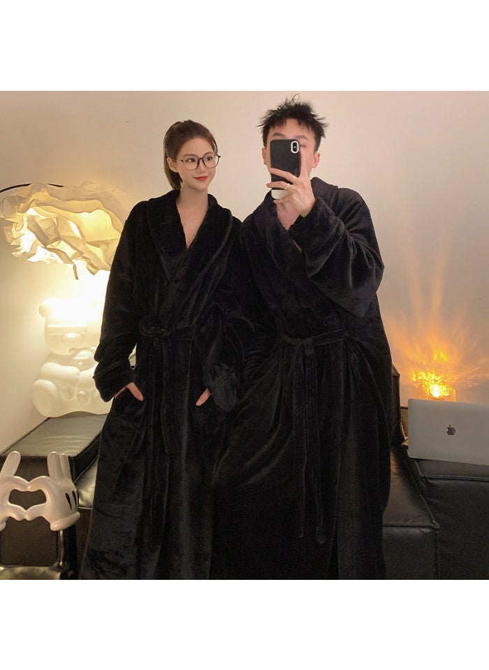 In-Stock Mens and Womens Winter Coral Fleece Bathrobe Couples Fleece-Lined and Thickened Extended Length Flannel Pajamas Black