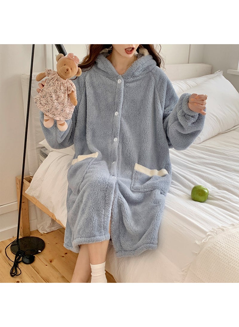 2023 Coral Fleece Sleepwear Long Hooded Thick Homewear HFF-W611 blue