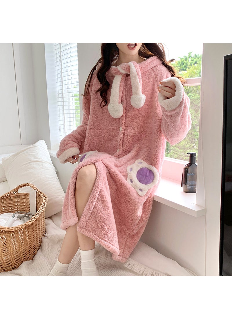 2023 Coral Fleece Sleepwear Long Hooded Thick Homewear HFF-W621 Pink