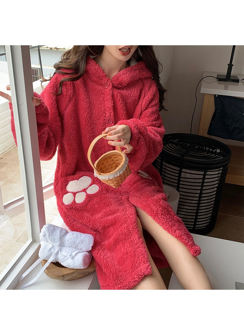 2023 Coral Fleece Sleepwear Long Hooded Thick Homewear HFF-W621 Pink