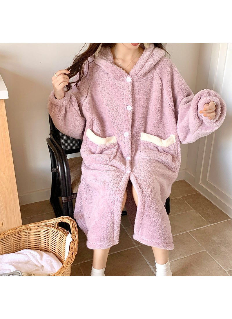 2023 Coral Fleece Sleepwear Long Hooded Thick Homewear HFF-W611 purple