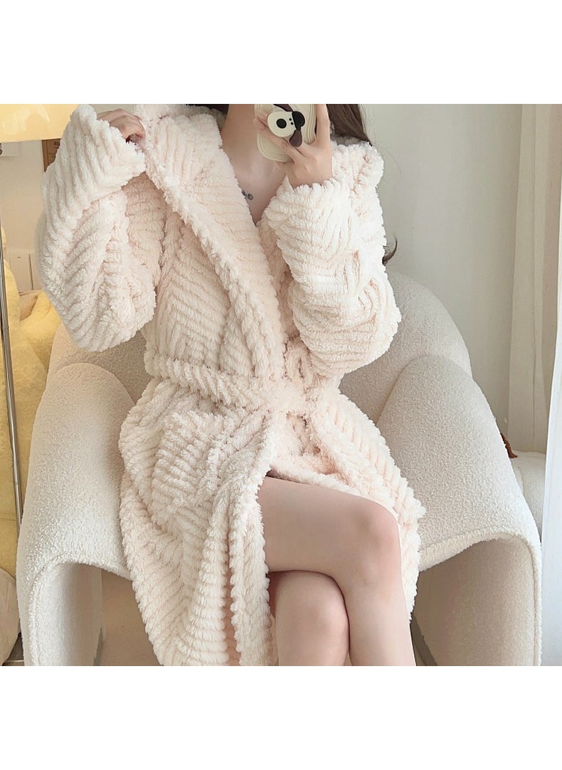 Thick Coral Fleece Sleep Robe with Jacquard Tie 09022# (apricot)