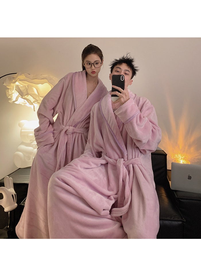 In-Stock Mens and Womens Winter Coral Fleece Bathrobe Couples Fleece-Lined and Thickened Extended Length Flannel Pajamas Taro purple