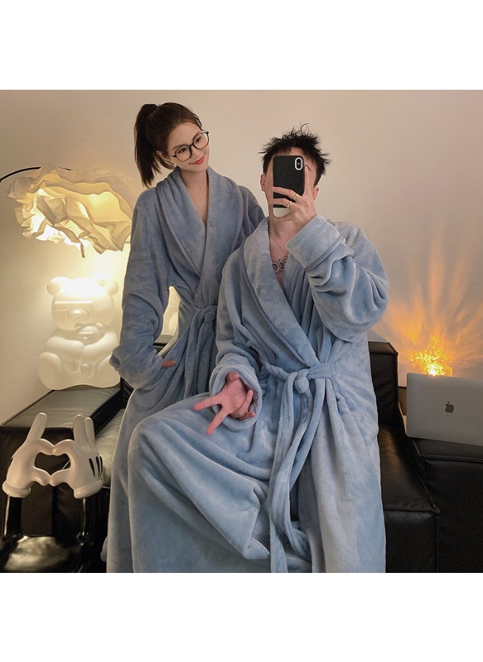 In-Stock Mens and Womens Winter Coral Fleece Bathrobe Couples Fleece-Lined and Thickened Extended Length Flannel Pajamas Taro purple