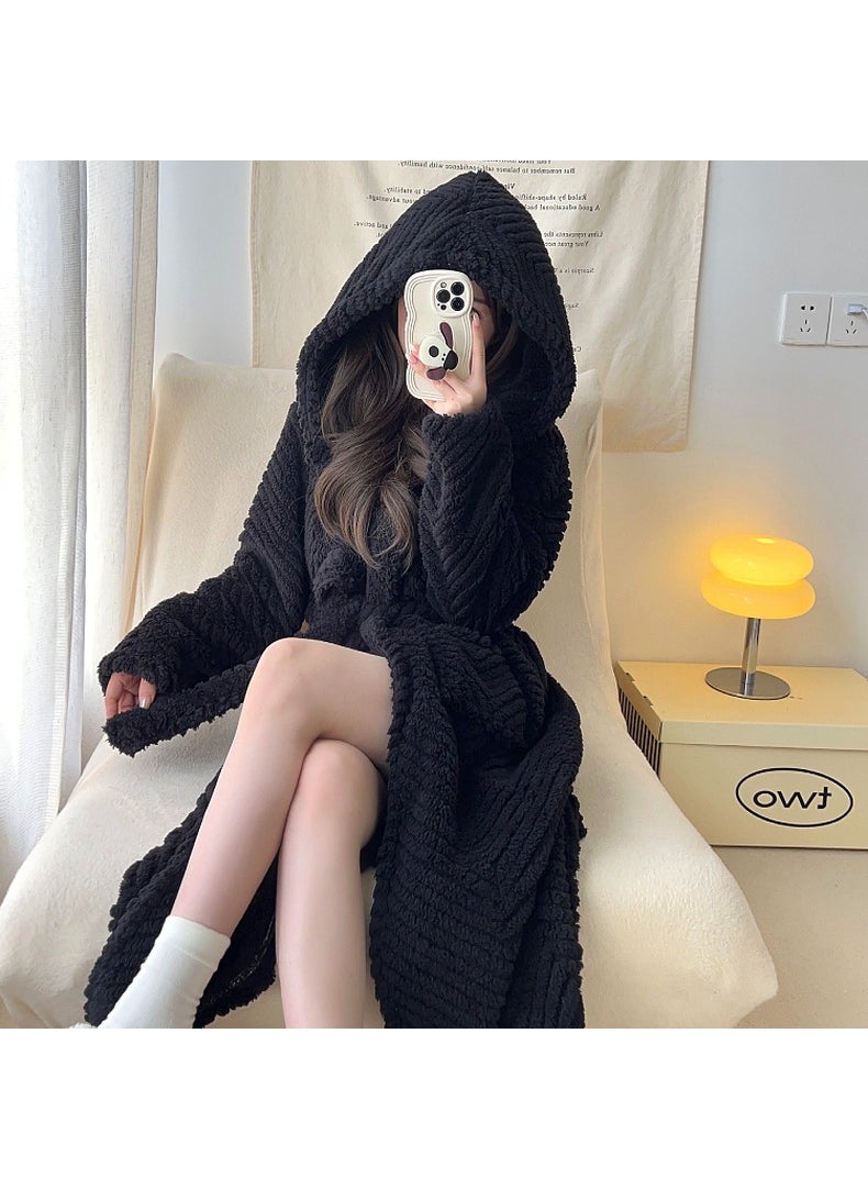 Thick Coral Fleece Sleep Robe with Jacquard Tie 09022# (black)