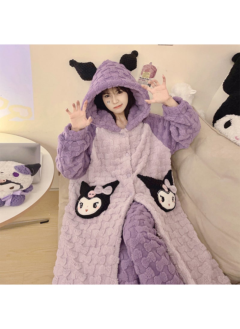 Thickened Coral Fleece Embossed Womens Bathrobe Warm Cartoon 22311#