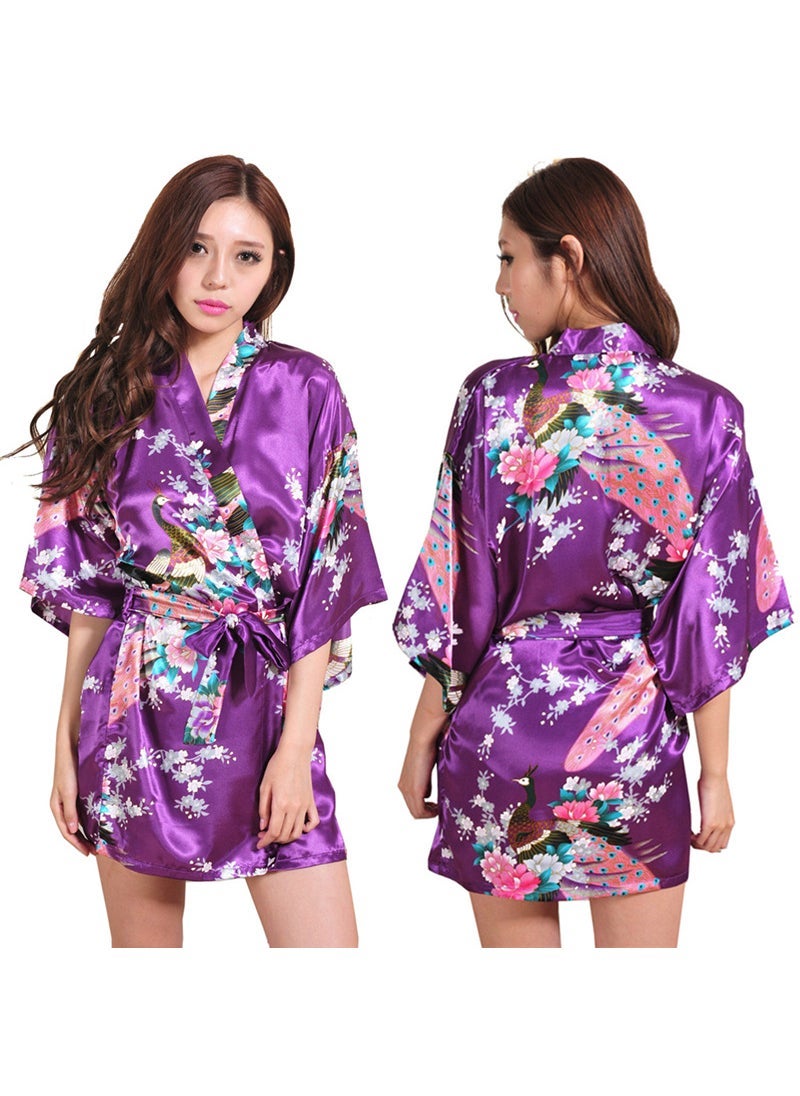 Womens Summer Nightgown Sade Silk Kimono Loose Cardigan Gown Printed Peacock Peony Short Daily Morning Gown Dark purple