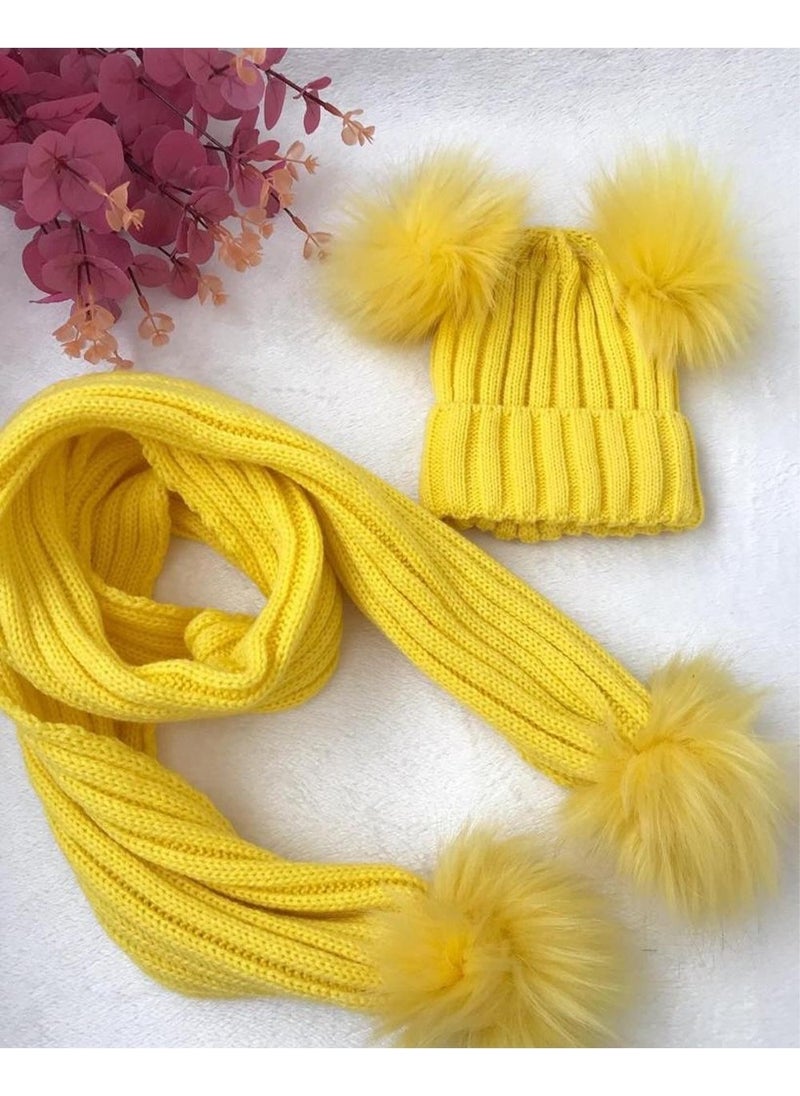 Children's Pom-Pom Children's Scarf and Beanie Set