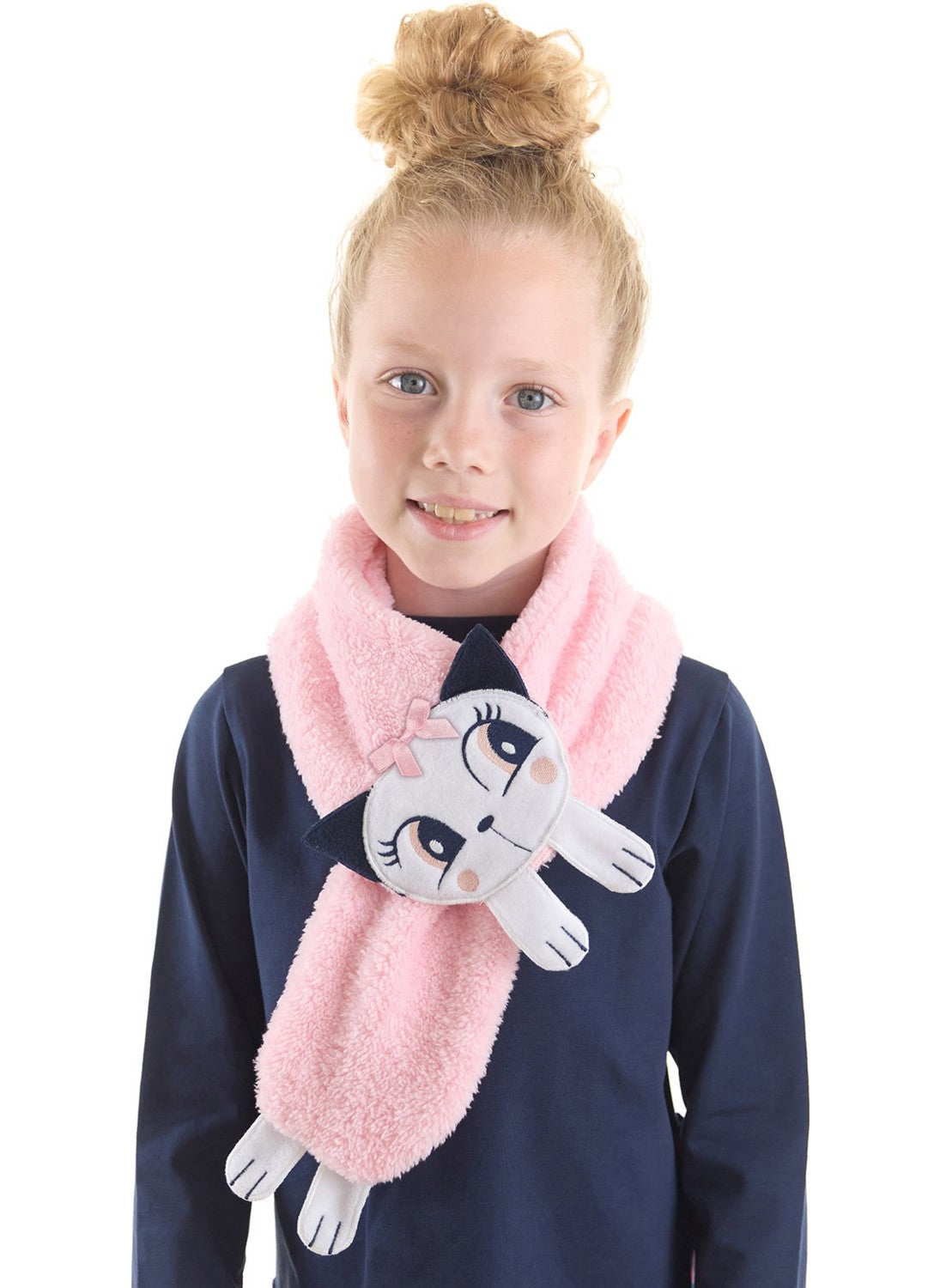 Cat Sue Girl Plush Applique Pink Scarf