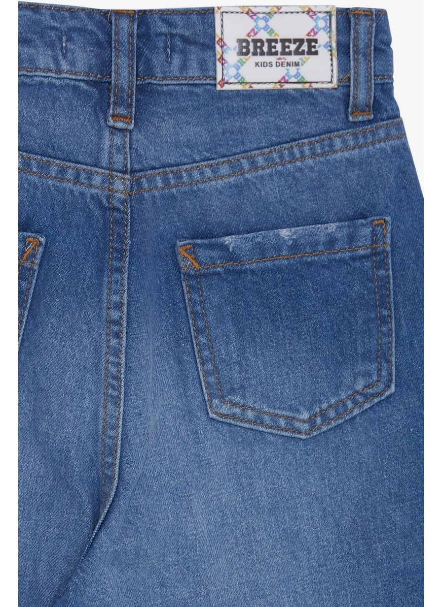 Girl's Jean Pants with Pockets Buttons, Age 9-14, Blue