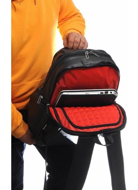 Backpack Unisex Faux Leather Laptop Compartment Outdoor Travel Sports Backpack 43X28X15 cm Black Color…