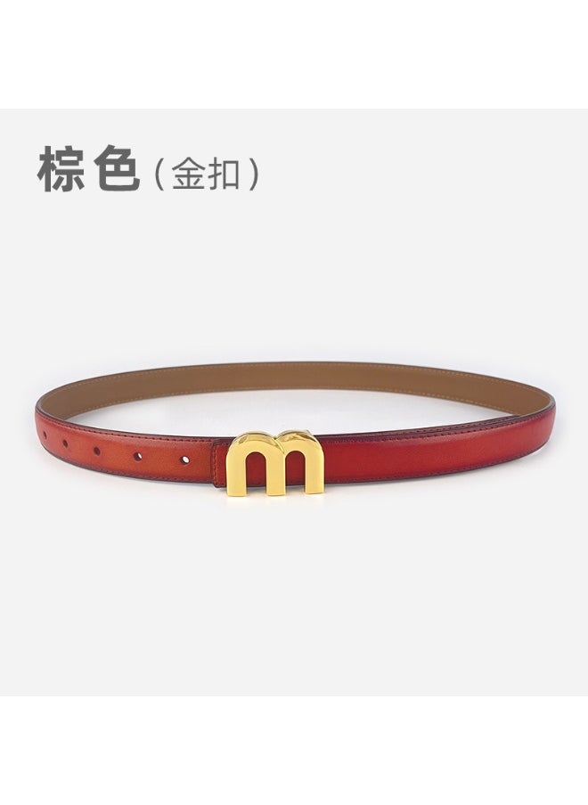 Womens Fashion Leather M Belt for Casual Pants 26907 brown (gold buckle)