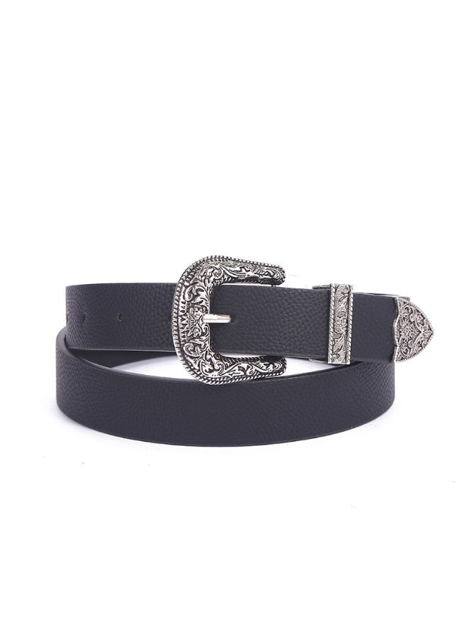 2023 Retro Brogue Womens PU Belt for Jeans Black