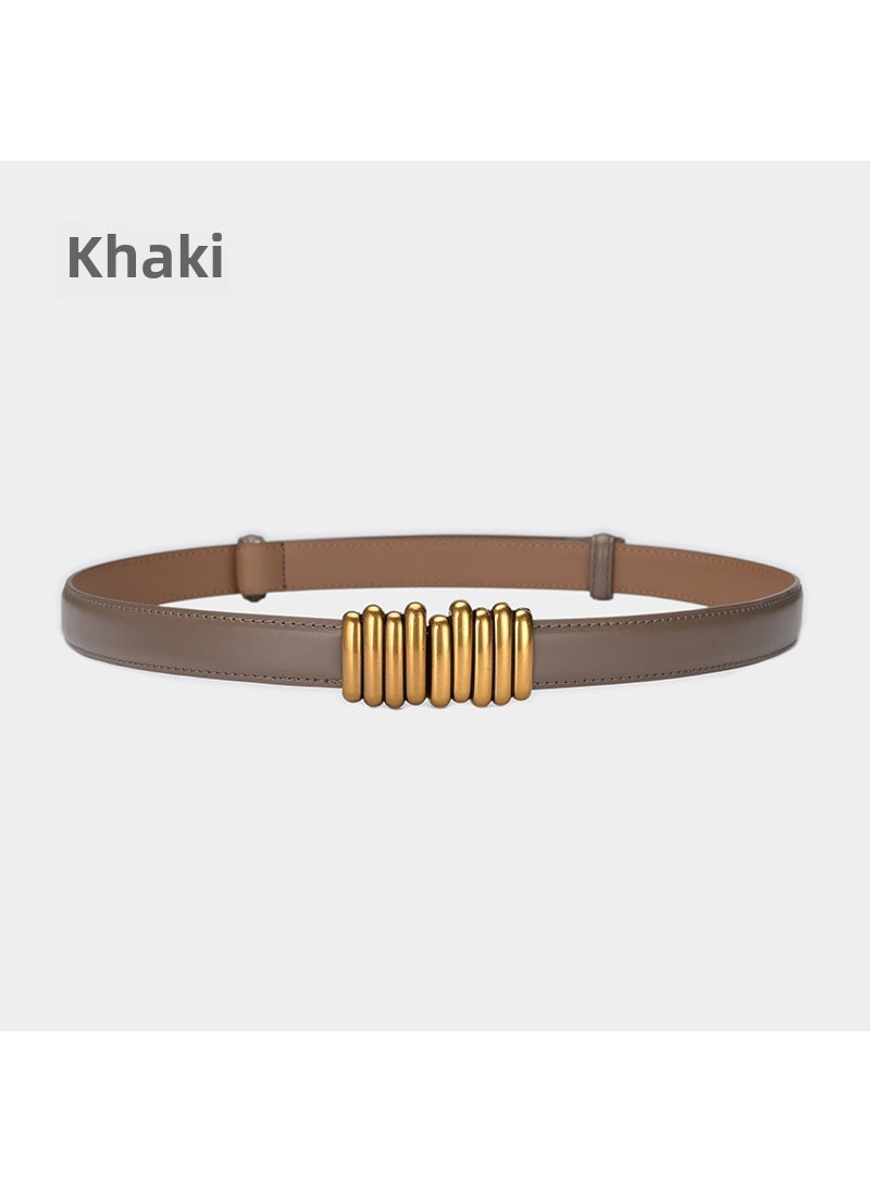 Korean-style Belt Womens Fashionable Adjustable Cowhide Small Waist Seal Womens Genuine Leather Belt Exterior Decoration with Skirt Belt 25307 khakis