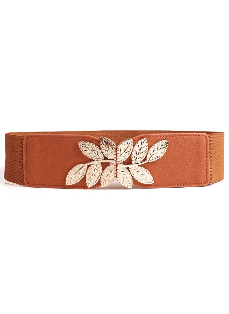 Waist Seal Belt Mesh Skirt Creative Fashion Metal Leaf Decorative Wide Womens Pants Elastic New Camel with gold buckle