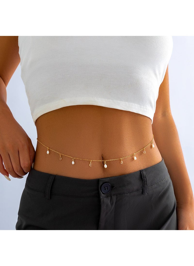 European and American cross-border jewelry temperament cold wind round bead chain body chain simple imitation pearl tassel double waist chain 02 Golden 1499