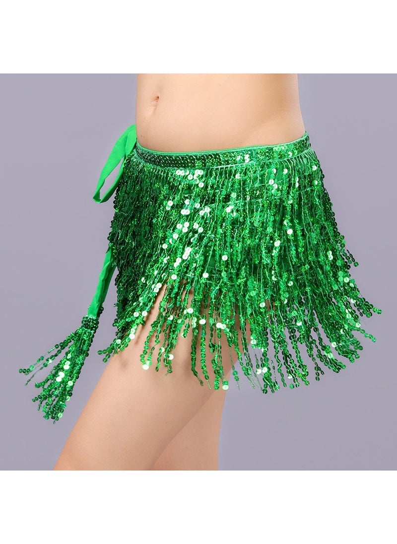 Halloween new belly dance beads waist chain sequins hip towel tassel waist belt dance performance practice Green four-layer fringed waist chain