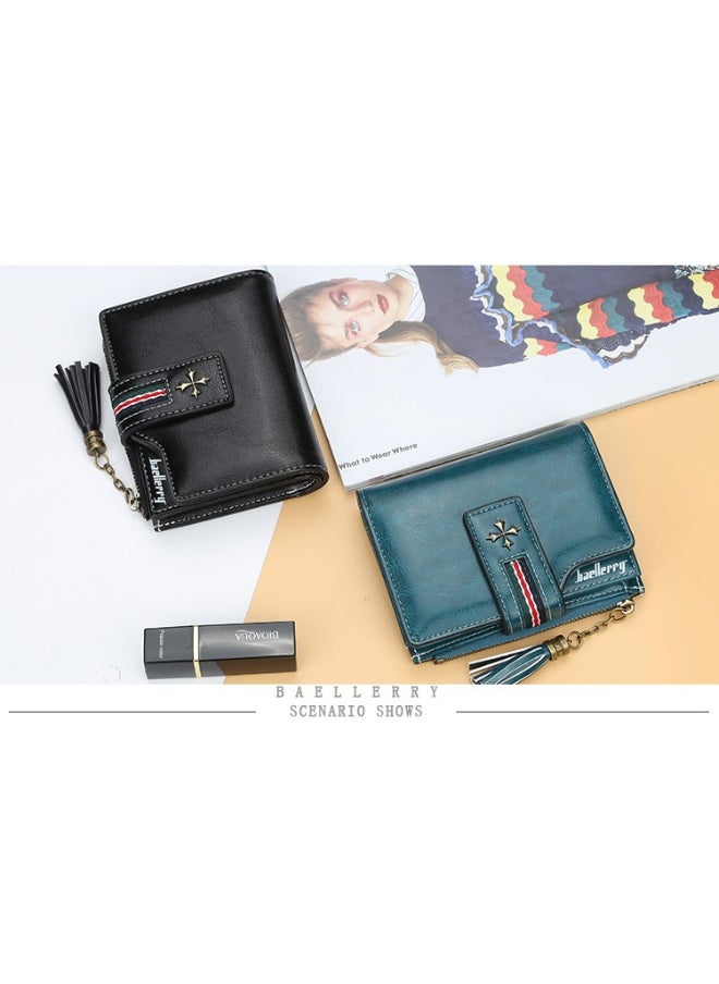 Fashion Women's Wallet Short Korean Oil Wax Leather Fringe Small Purse with Zipper Purse