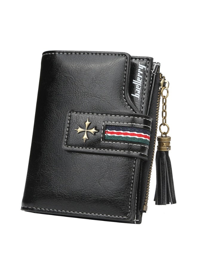 Fashion Women's Wallet Short Korean Oil Wax Leather Fringe Small Purse with Zipper Purse