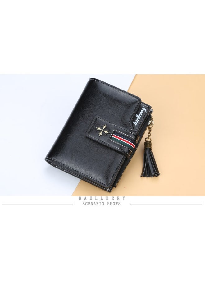 Fashion Women's Wallet Short Korean Oil Wax Leather Fringe Small Purse with Zipper Purse