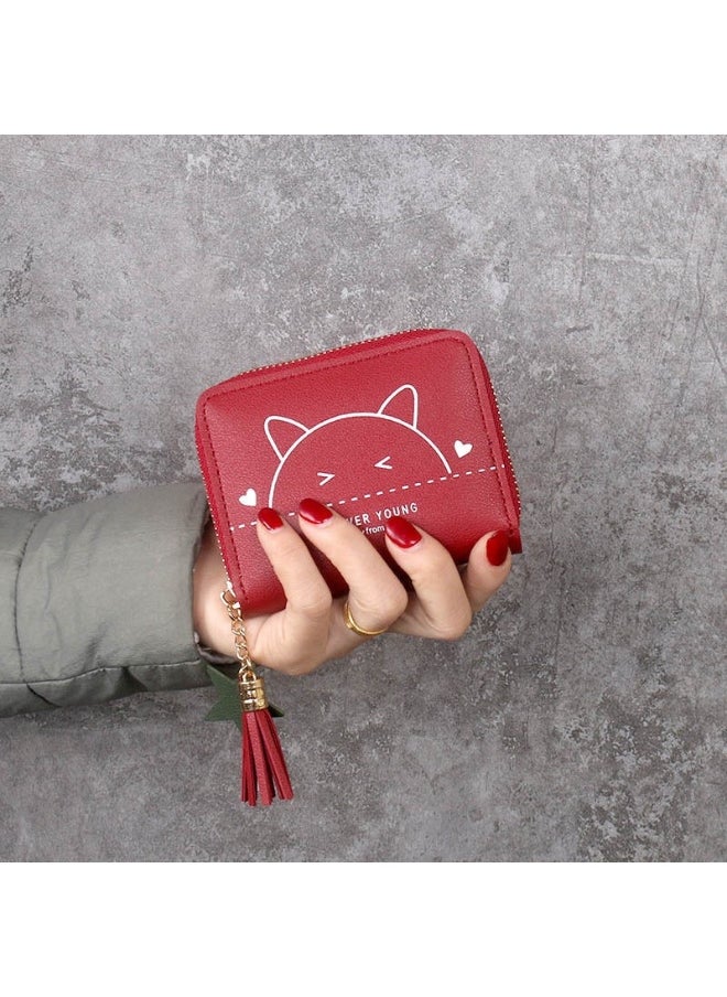 Ladies Cute Cat Pattern Purse Wallet PU Leather Mini Women Wallet Card Holder Organiser Wallet Wristlet Clutch Wallet with Zipper Pocket Coin Purse Phone Wallet with Tassel and Pendant