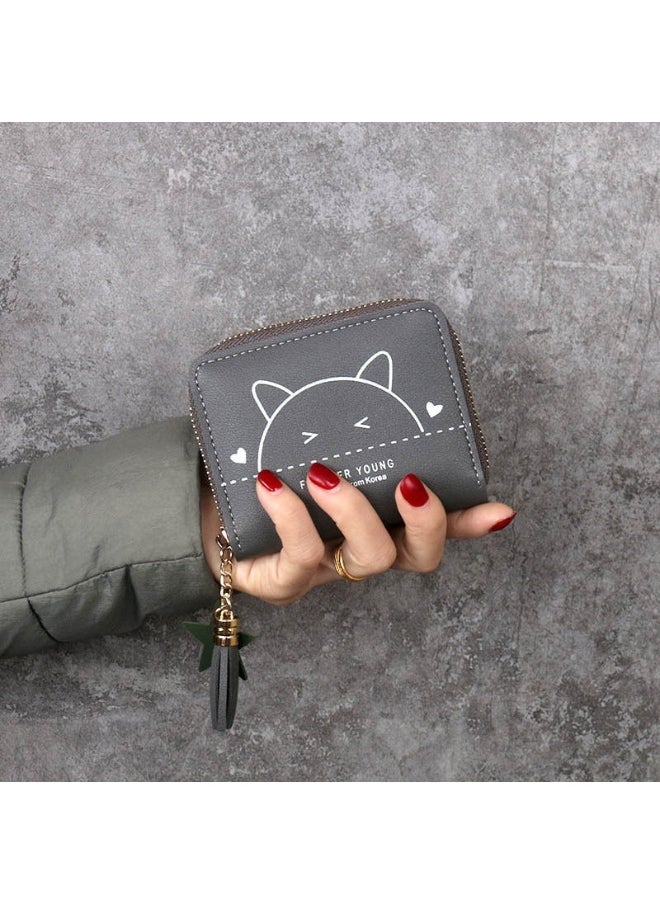 Ladies Cute Cat Pattern Purse Wallet PU Leather Mini Women Wallet Card Holder Organiser Wallet Wristlet Clutch Wallet with Zipper Pocket Coin Purse Phone Wallet with Tassel and Pendant