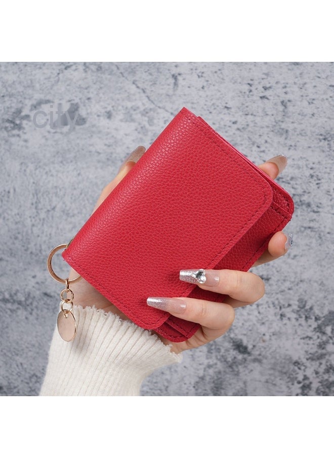 Thin Card Bag Short Cute Small Women's Purse Simple Light Luxury Leather Document Storage Bag with Pendant