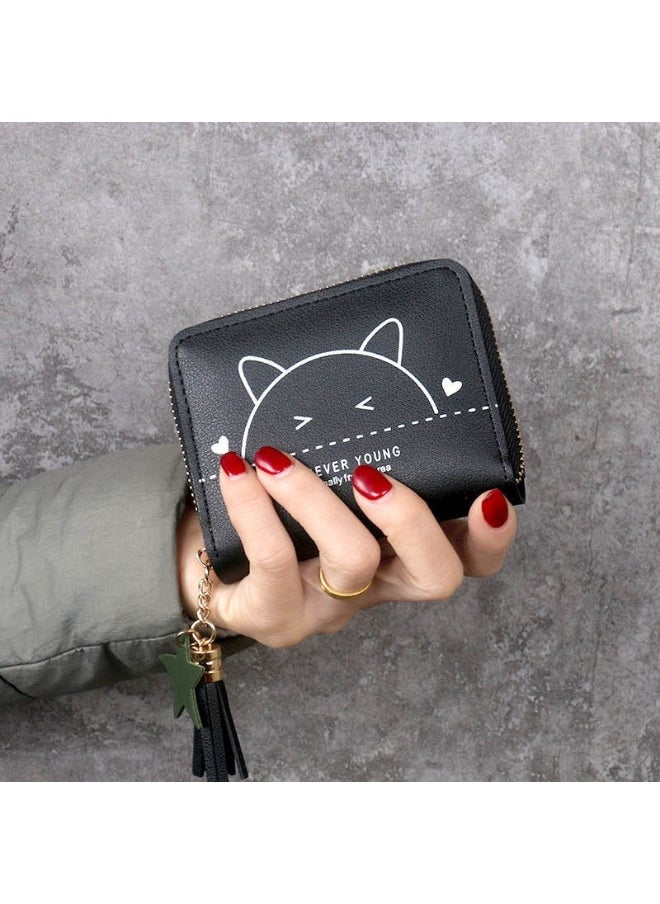 Ladies Cute Cat Pattern Purse Wallet PU Leather Mini Women Wallet Card Holder Organiser Wallet Wristlet Clutch Wallet with Zipper Pocket Coin Purse Phone Wallet with Tassel and Pendant