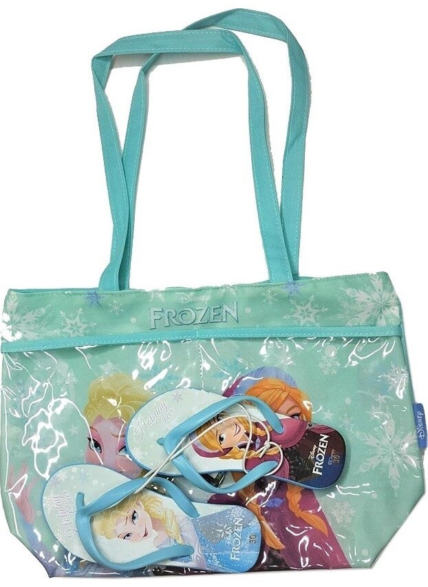 Frozen Patterned Turquoise Beach Slippers with Bag, Size 35