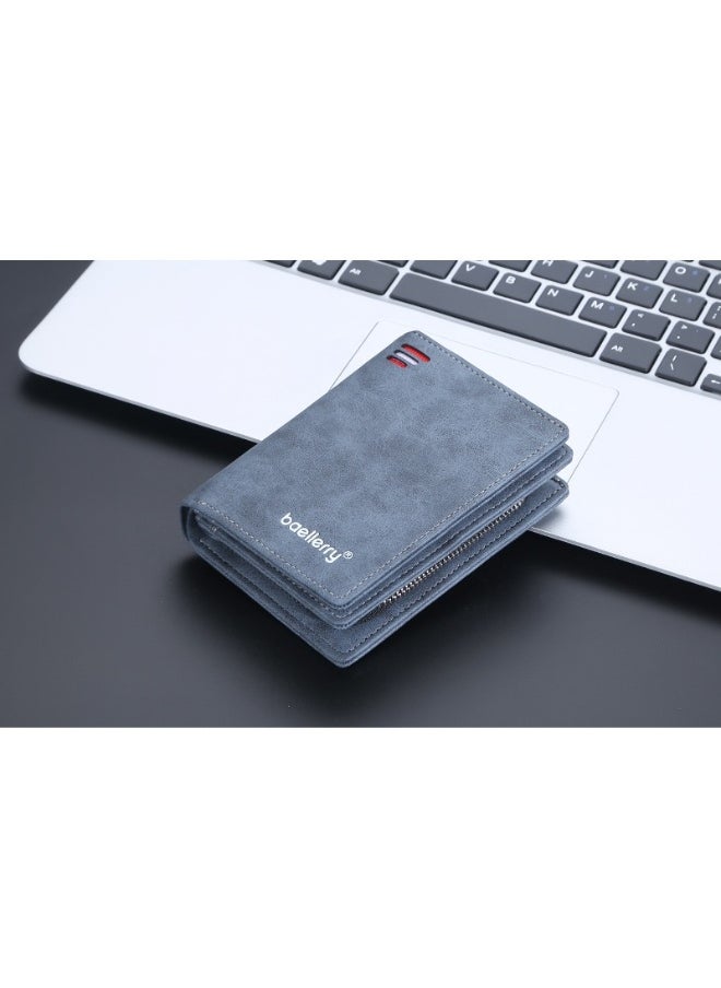 Men's Short Wallet Euro-American Multi-card Coin Wallet Zipper Strap Abrasive Leather Money Clip