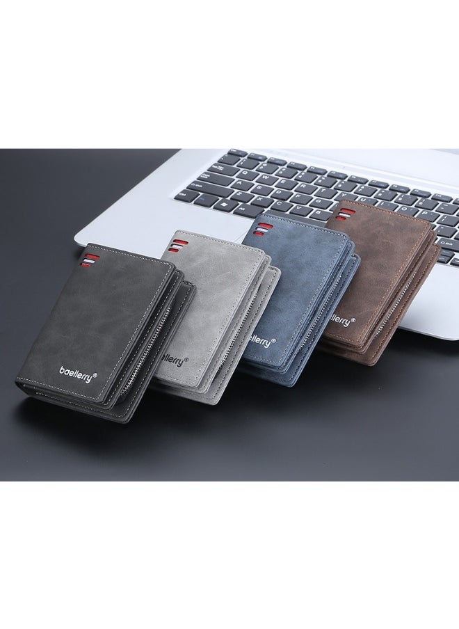 Men's Short Wallet Euro-American Multi-card Coin Wallet Zipper Strap Abrasive Leather Money Clip