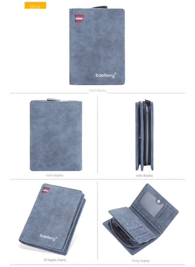 Men's Short Wallet Euro-American Multi-card Coin Wallet Zipper Strap Abrasive Leather Money Clip